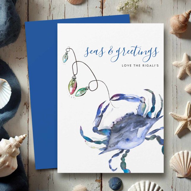 Festividades Cartão de Natal do Caranguejo da Praia com Aquarel (Beach Christmas cards watercolor crab in shades of blue with holiday lights Victoria Grigaliunas)