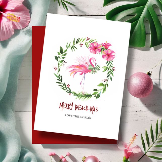 Festividades Cartão de Natal do Flamingo Rosa Tropical (Beach Christmas cards watercolor pink flamingo and hibiscus flowers wreath by Victoria Grigaliunas)