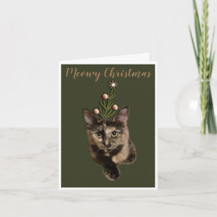 Festividades Cartão de Natal do Gatinho Fofo Verde Meowy