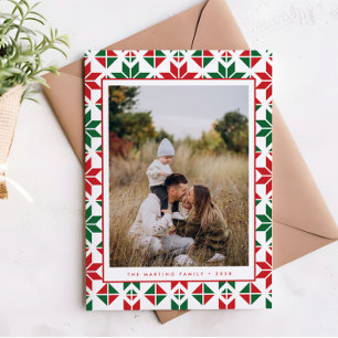 Festividades Cartão de Natal do Modern Red Green Folk Quilt