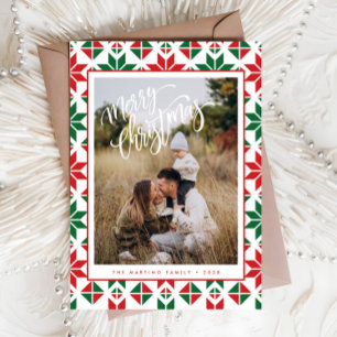 Festividades Cartão de Natal do Modern Red Green Folk Quilt