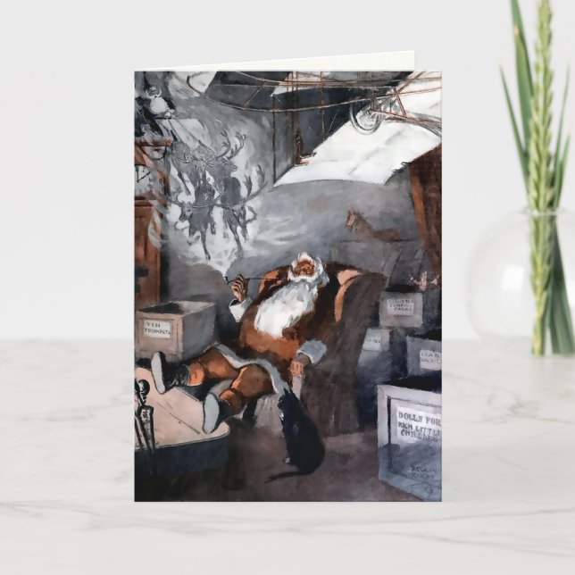 Festividades Cartão de Natal do Papai Noel e Gato Antigo (Frente)