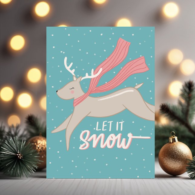Festividades Cartão de Natal Dobrado Rena Saltitante (Prancing reindeer folded holiday card. Illustrated and hand-lettered by Clearlytangled Studio.)