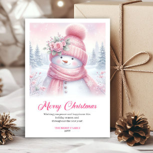 Festividades Cartão de Natal editável de boneco de neve rosa ge