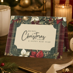 Festividades Cartão de Natal Elegante de Xadrez e Poinsettia