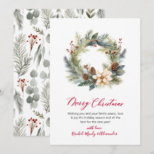 Festividades Cartão de Natal Elegante Red Script Wreath Greener