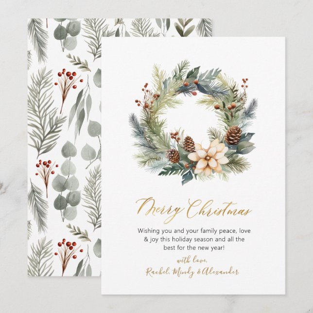Festividades Cartão de Natal Elegante Wreath Greenery (Frente/Verso)