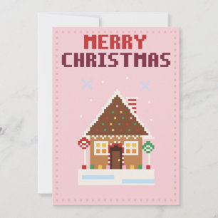 Festividades Cartão de Natal em Pixel Art Rosa Casa de Biscoito