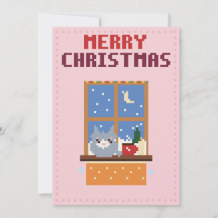 Festividades Cartão de Natal em Pixel Art Rosa de Gato na Janel