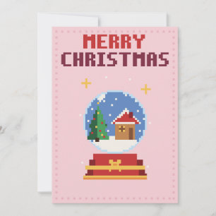 Festividades Cartão de Natal em Pixel Art Rosa de Globo de Neve