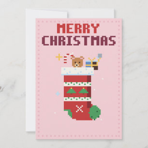 Festividades Cartão de Natal em Pixel Art Rosa de Meia
