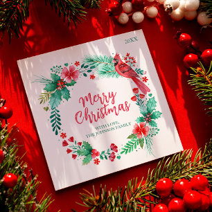 Festividades Cartão de Natal Familiar com Botânica de Aquarela