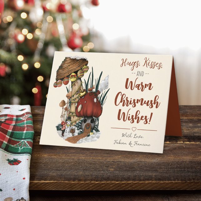 Festividades Cartão de Natal Feliz Casa Vermelha de Cogumelos (Hugs kisses and warm christmas wishes mushroom pun holiday card.)