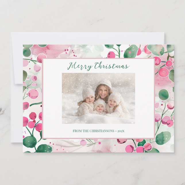Festividades Cartão de Natal Floral de Berries Rosa (Frente)