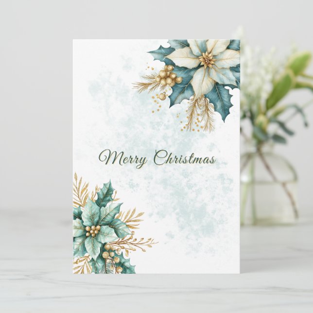 Festividades Cartão de Natal Floral de Teal Watercolor (Em pé/Frente)