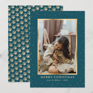 Festividades Cartão de Natal Foto Cachorro Gato Patas Neve Dour