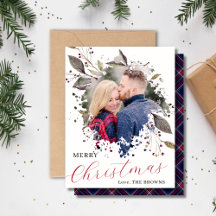 Cartão de Natal Foto Xadrez Vermelho e Azul Buffal