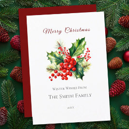 Festividades Cartão de Natal Holly com Cor de Água Vermelha e V