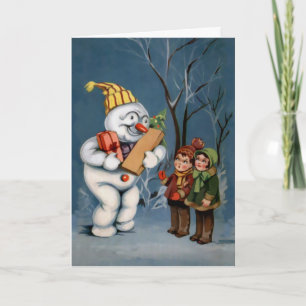 Festividades Cartão de Natal Homem de Neve Antigo com Presentes