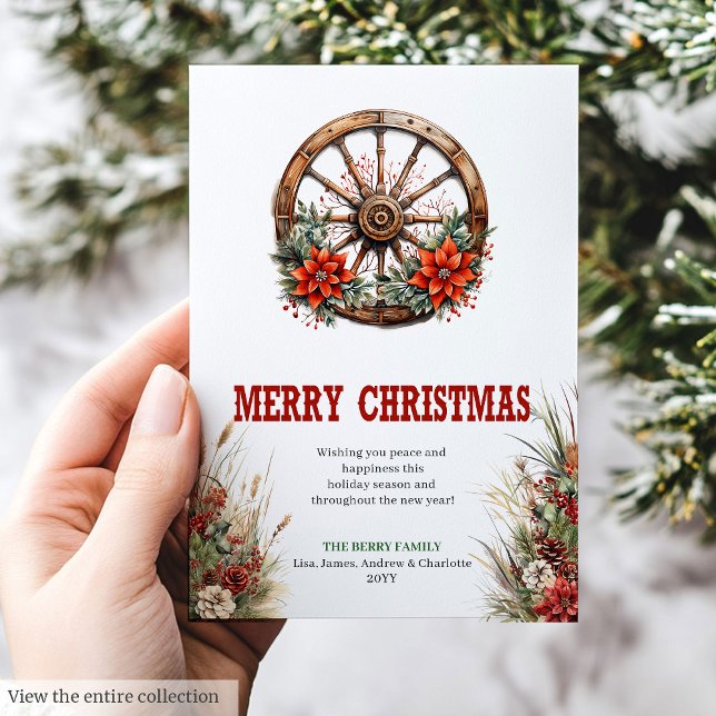 Festividades Cartão de Natal impresso com roda de vagão (Wagon wheel Christmas greeting card printable

)