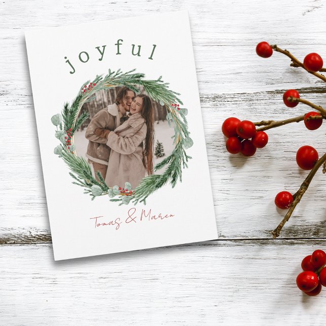 Festividades Cartão de Natal Joyful Rustic Wreath (Joyful Rustic Wreath Photo Christmas Card)