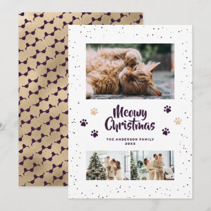 Festividades Cartão de Natal Meowy com Foto em Dourado Roxo e P