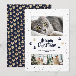 Festividades Cartão de Natal Meowy Foto Patas na Neve Dourado A