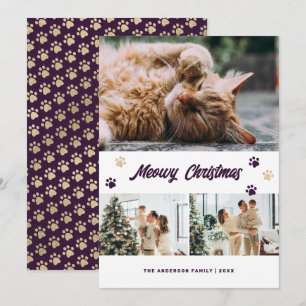 Festividades Cartão de Natal Meowy Roxo e Dourado Elegante com