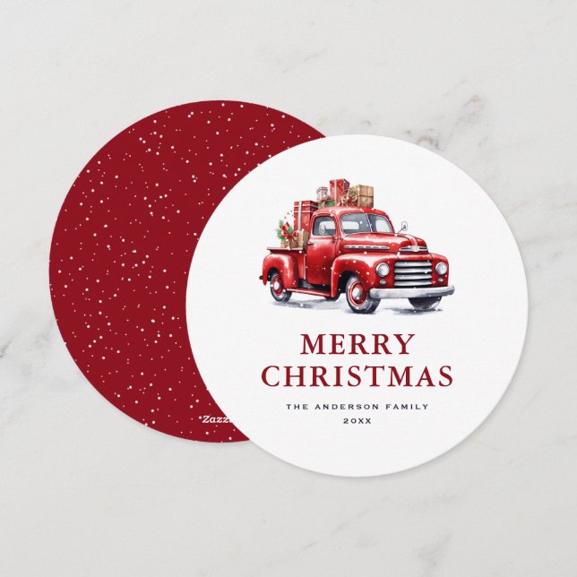 Festividades Cartão de Natal Merry Truck Red Retro Watercolor (Frente/Verso)