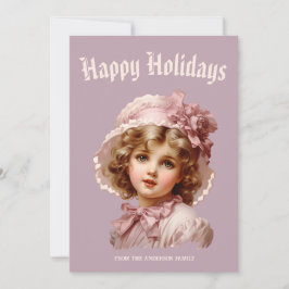 Festividades Cartão de Natal Nostálgico com Menina de Rosa