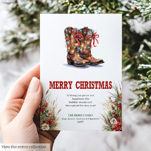 Festividades Cartão de Natal ocidental com botas de cowboy