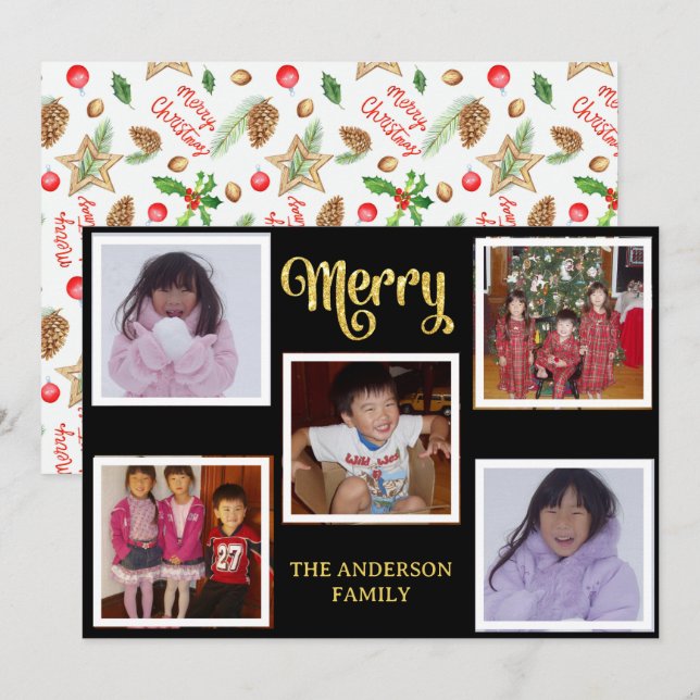 Festividades Cartão de Natal para a Família de Cinco Fotos (Frente/Verso)