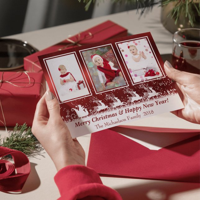 Festividades Cartão de Natal para Papais noeis Metálicos Vermel (Red Metallic Santa Snow Photo Christmas Card)