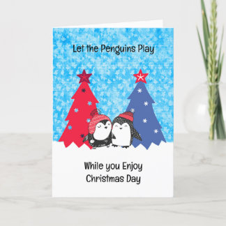 Festividades Cartão de Natal para pinguins com árvores e neve