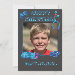 Festividades Cartão de Natal Personalizado Neon Gamer Foto Flat