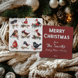 Festividades Cartão de Natal Personalizável Com Aves em Aquarel