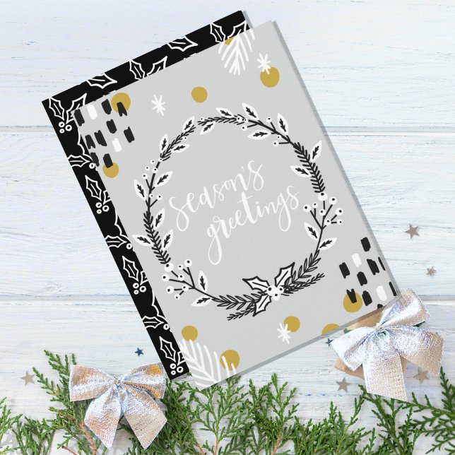 Festividades Cartão de Natal Personalizável de Dois Lados (MODERN SEASON'S GREETINGS GRAY BLACK CHRISTMAS GREETING CARD)