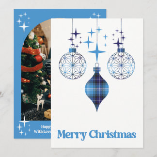 Festividades Cartão de Natal Plano com Ornamento de Xadrez Azul