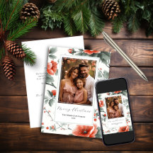 Cartão de Natal Plano Floral Vintage Rosa com Foto