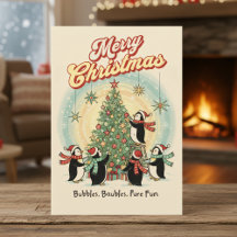 Cartão de Natal Retro de 1950 com Pinguins e Árvor