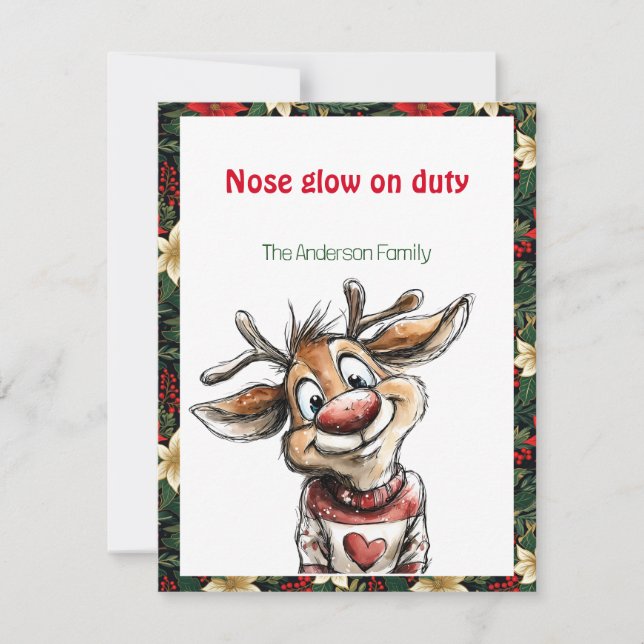 Festividades Cartão de Natal retrô vermelho com renas fofas (Frente)