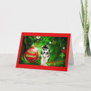 Festividades Cartão de Natal Siberian Husky Verde Bola Vermelha