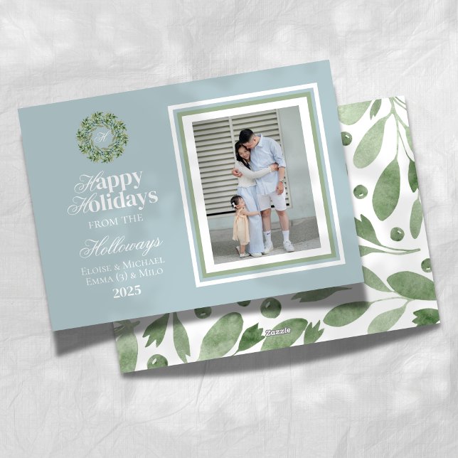 Festividades Cartão de Natal simples com foto e monograma em le (Celebrate the holiday season with this elegant blue and green holiday card!)