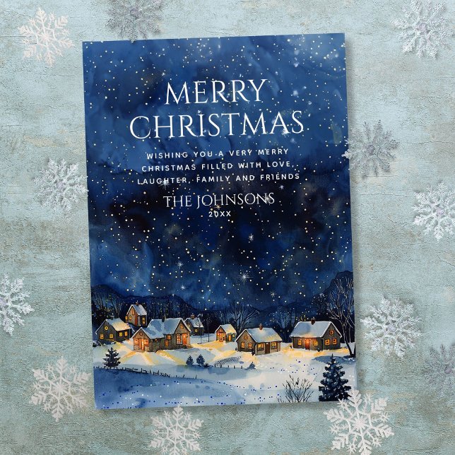 Festividades Cartão de Natal Tradicional Rústico com Céu Noturn (Traditional Rustic Watercolor Night Sky Christmas Holiday Card)
