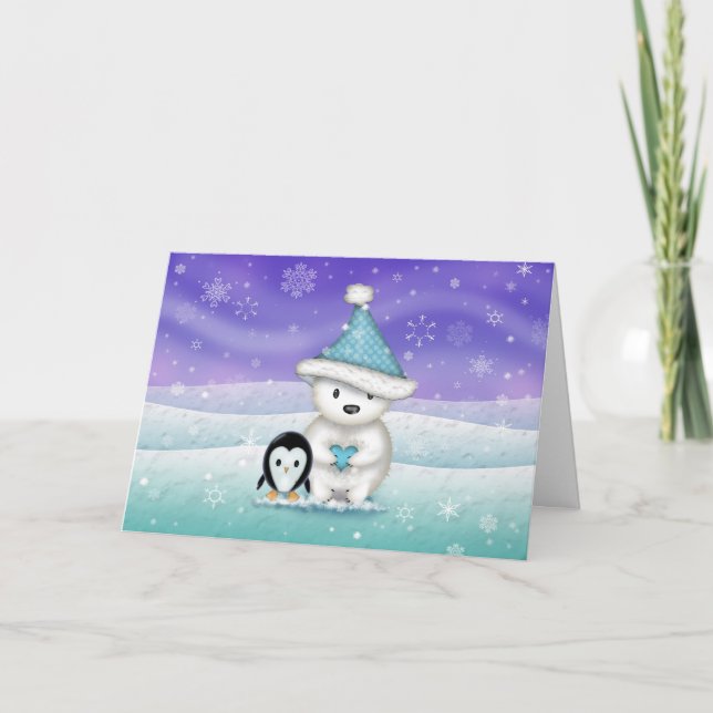 Festividades Cartão de Natal Urso Polar e Pinguim Fofo (Frente)