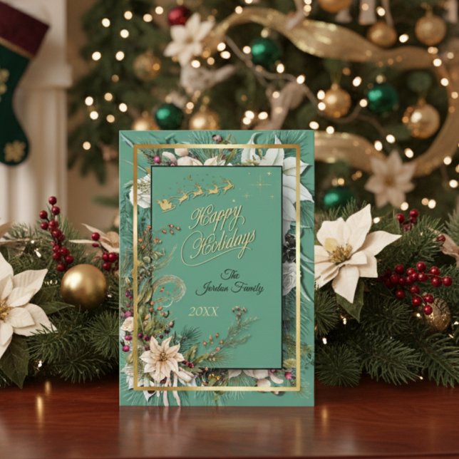 Festividades Cartão De Natal Verde Elegante Dourado E Floral (Criador carregado)