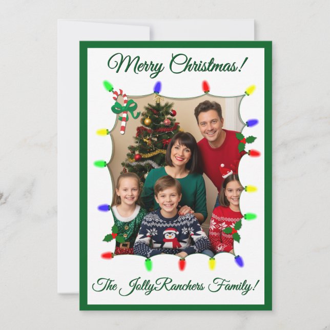 Festividades Cartão de Natal Verde/G com Luzes e fotografias (Frente)