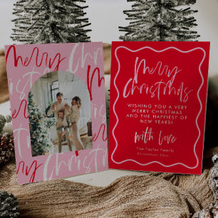 Festividades Cartão de Natal Vermelho E Rosa Feliz