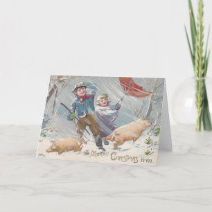 Festividades Cartão de Natal Vitoriano para Crianças e Suínos