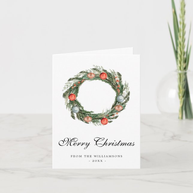 Festividades Cartão de Natal Watercolor Greenery Wreath (Frente)